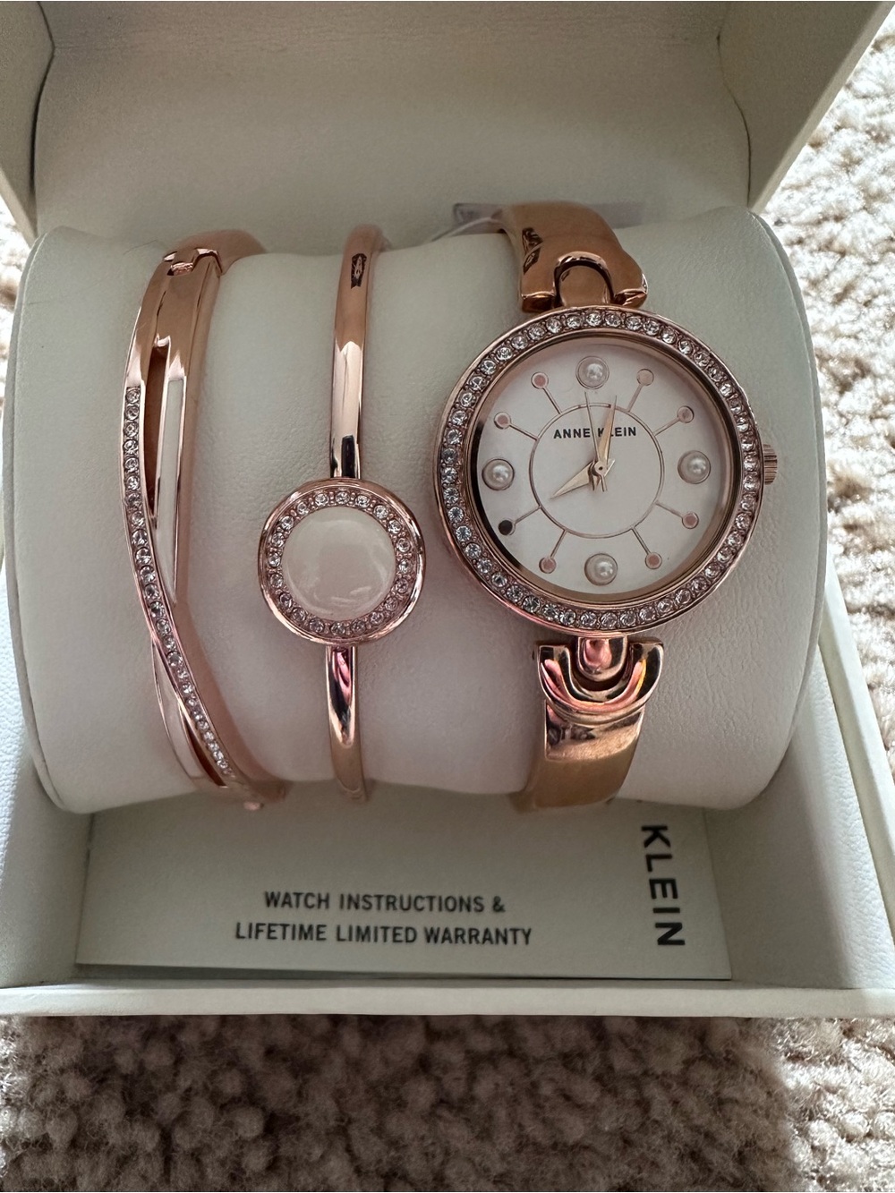 Anne Klein Rose Gold Crystal Accent Women's Watch and Bracelet Set